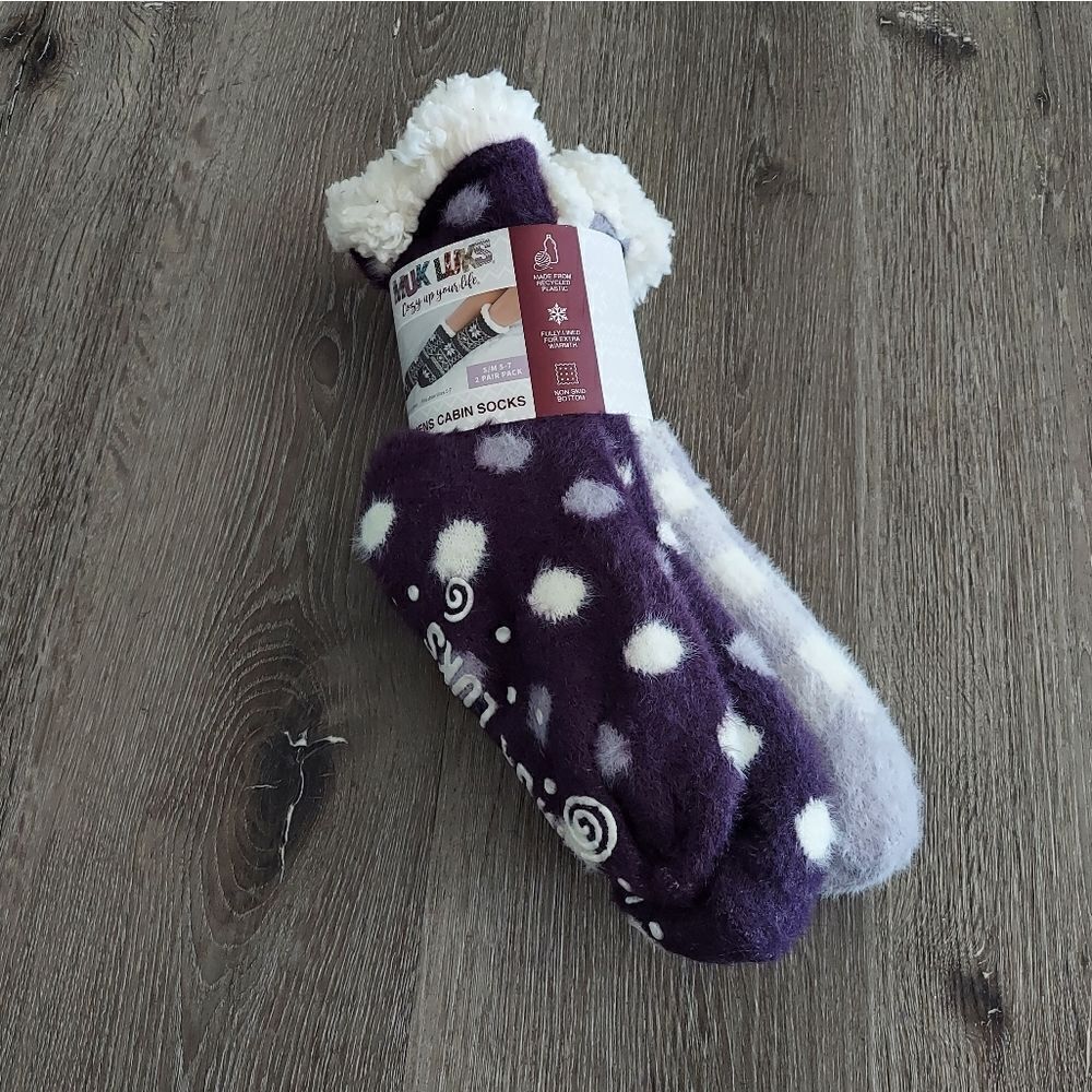 Muk Luk Womens Cabin Socks 2 Pair Purple Polka Dot & Purple/White Plaid S/M 5-7
